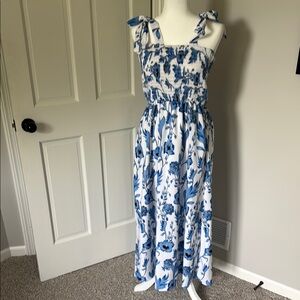 Blue and White Smocked Maxi Sundress